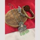 FS Collection Oxidised Plated Pota Stone And Pearls Temple Long Necklace Set