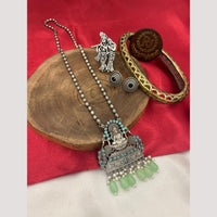 FS Collection Oxidised Plated Pota Stone And Pearls Temple Long Necklace Set