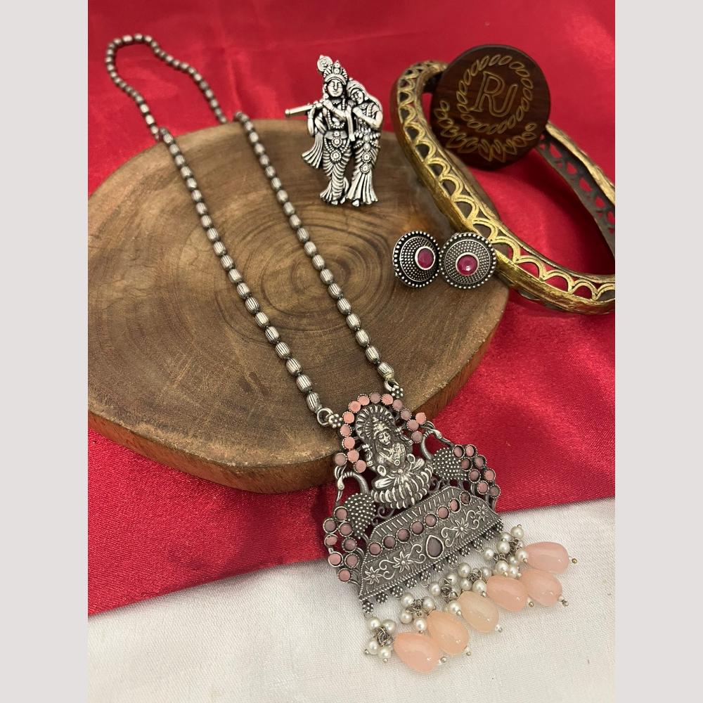 FS Collection Oxidised Plated Pota Stone And Pearls Temple Long Necklace Set