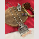 FS Collection Oxidised Plated Pota Stone And Pearls Temple Long Necklace Set