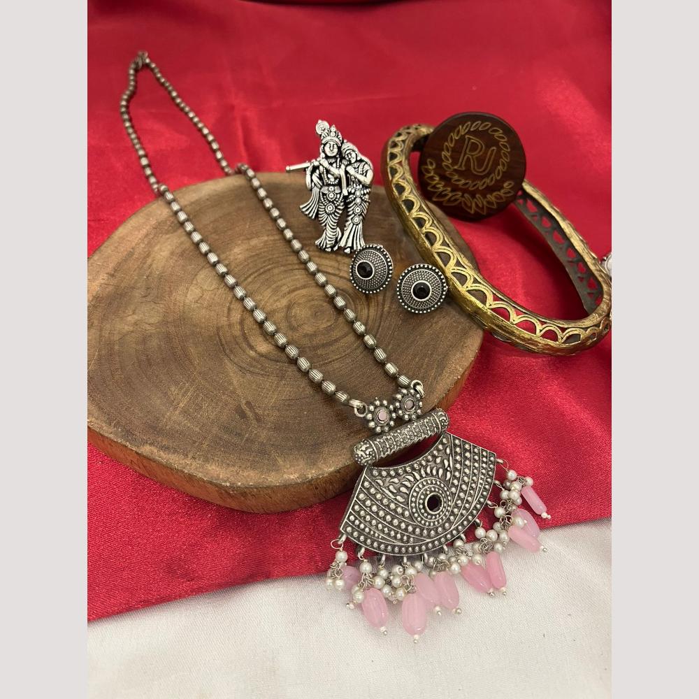 FS Collection Oxidised Plated Pota and Pearls  Modern Fusion Jewelry Long Necklace Set