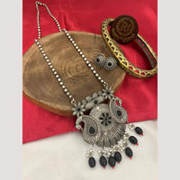 FS Collection Oxidised Plated Pota and Pearls  Modern Fusion Jewelry Long Necklace Set