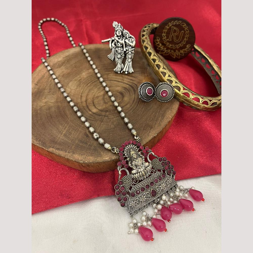 FS Collection Oxidised Plated Pota Stone And Pearls Temple Long Necklace Set