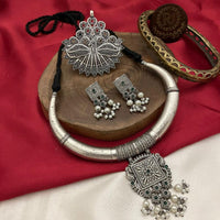 FS Collection Oxidised Plated Pota Stone Necklace Set