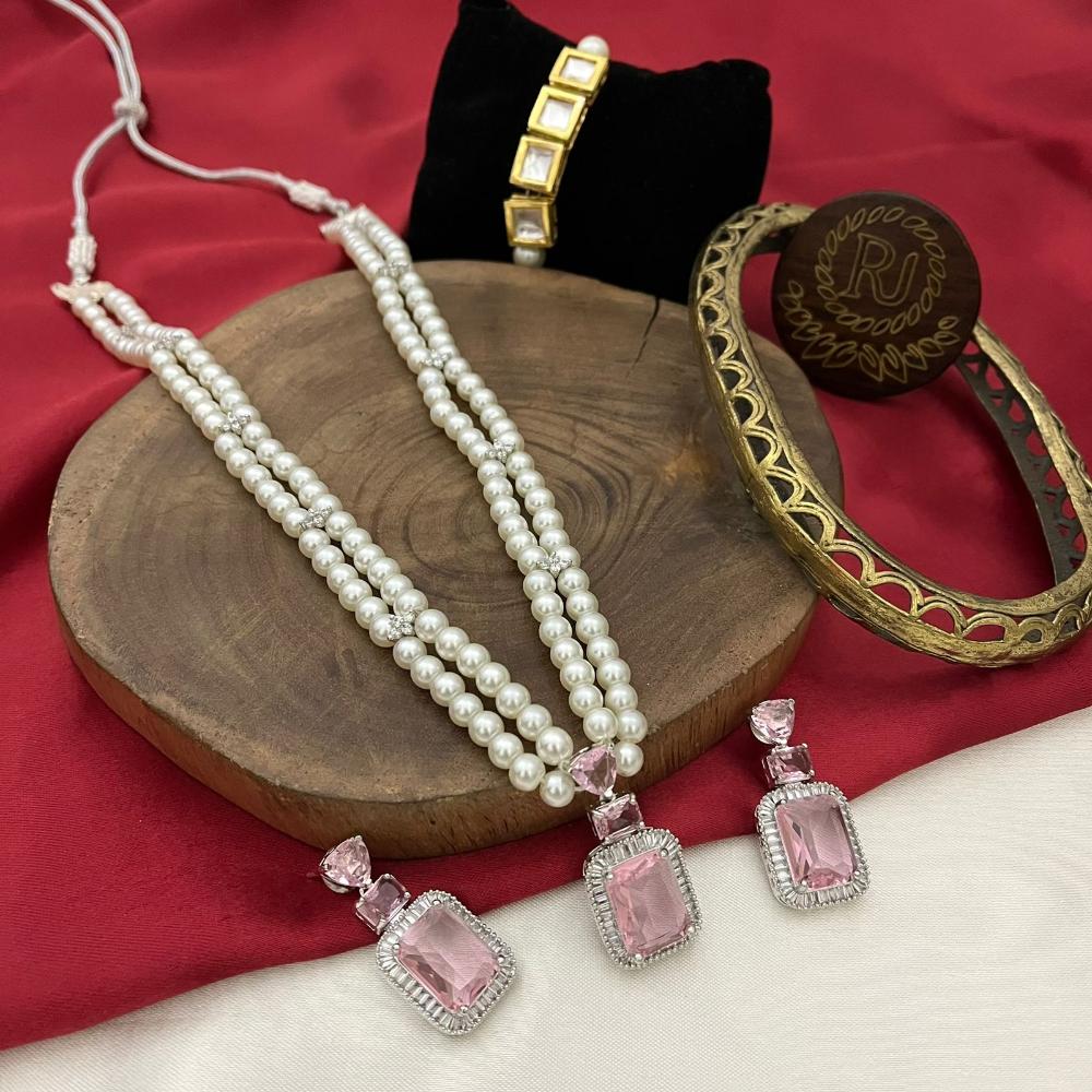 FS Collection Silver Plated Sparkling American Diamond Necklace Set