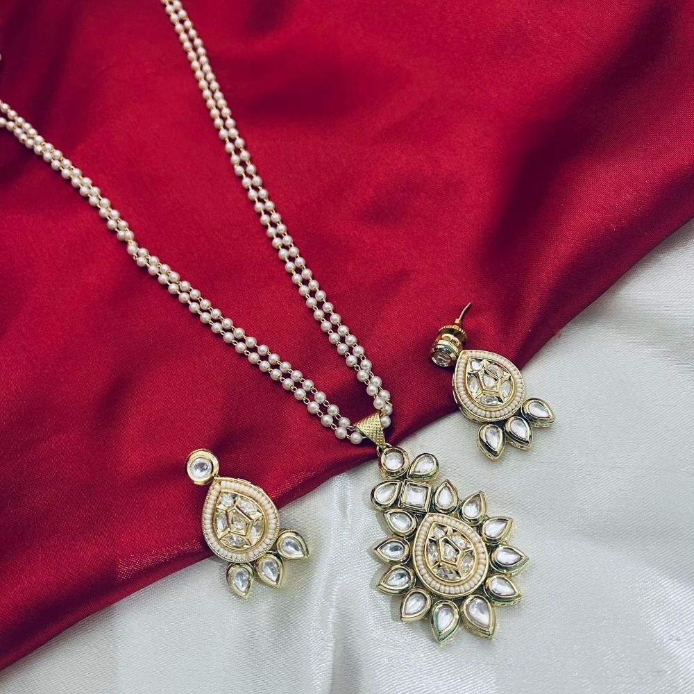 FS Collection Gold Plated Kundan & Pearl Long Necklace Set