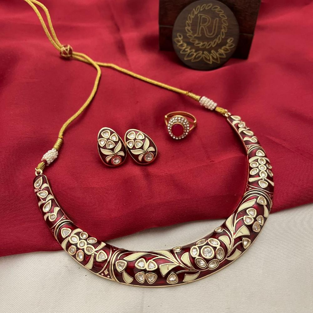 FS Collection Gold Plated Polki Kundan Stone And Meenakari Necklace Set