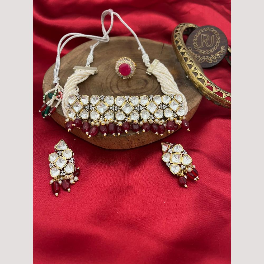 FS Collection Gold Plated Polki Kundan And Beads Choker Necklace Set