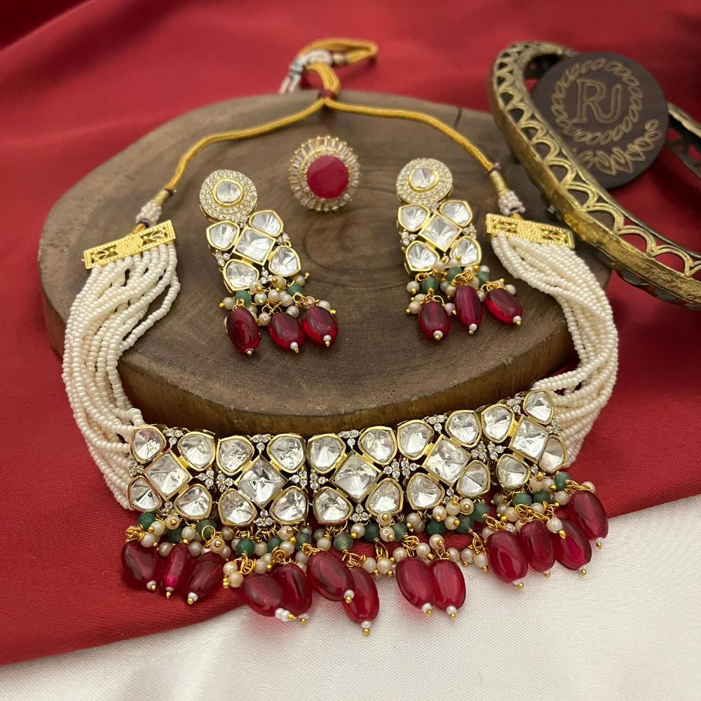 FS Collection Gold Plated Polki Kundan And Beads Choker Necklace Set