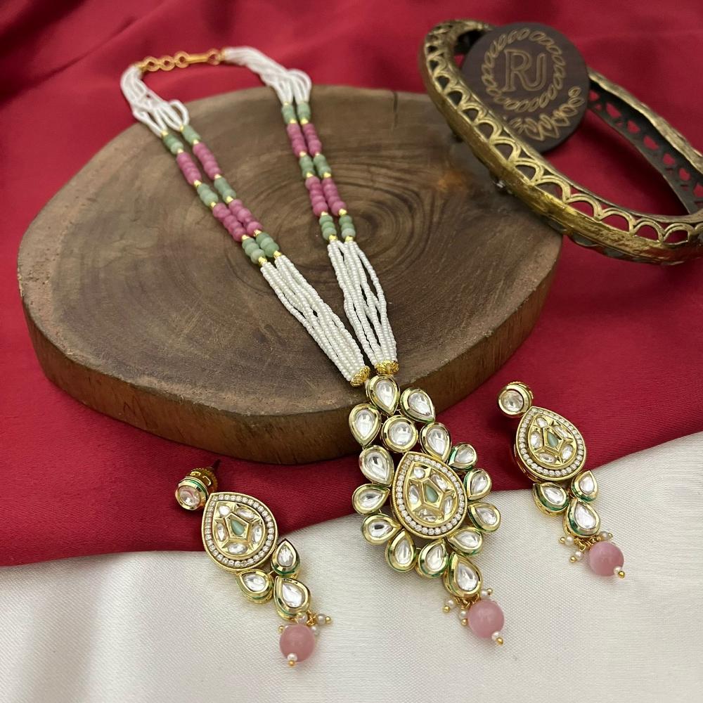 FS Collection Gold Plated Kundan & Pearl Long Necklace Set