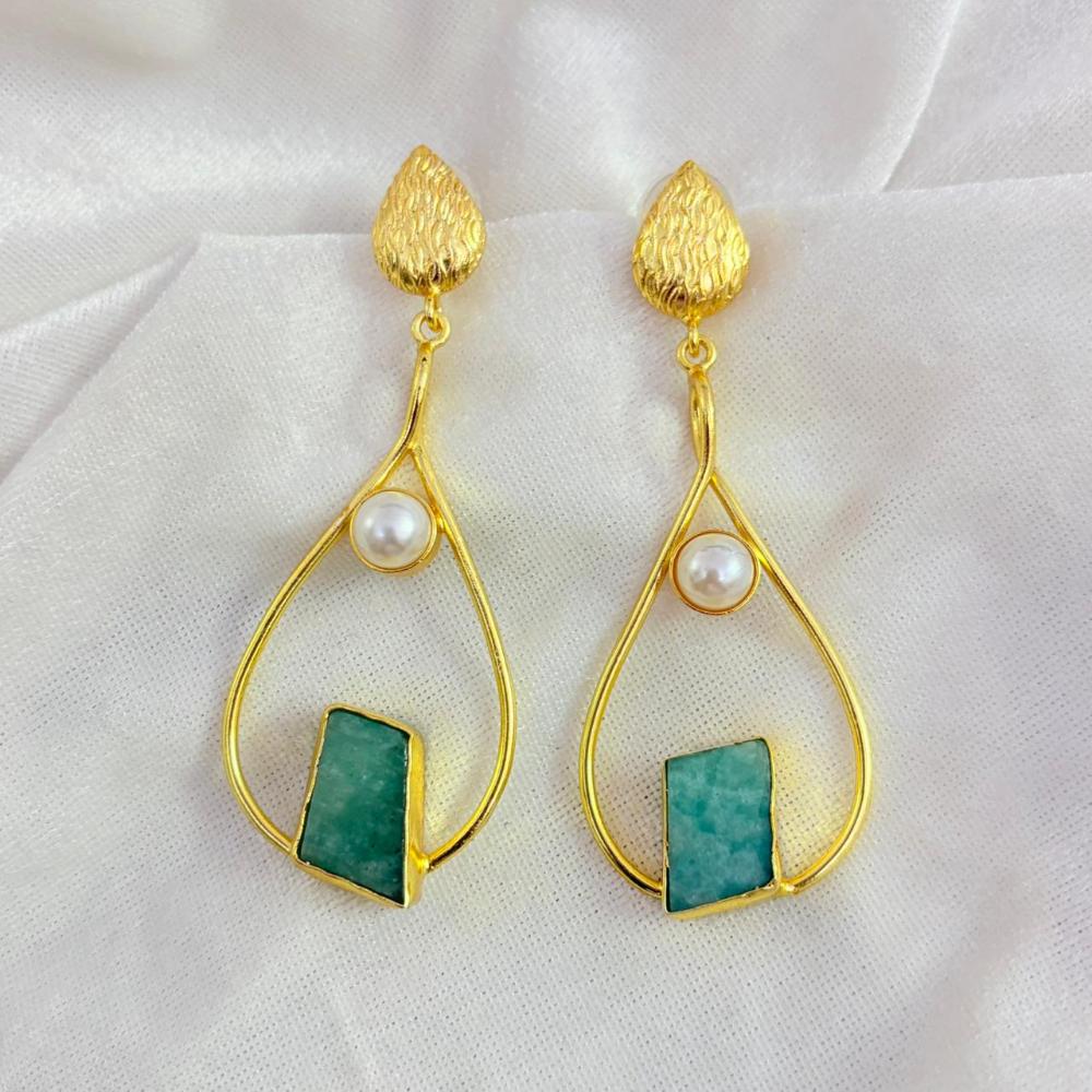 FS Collection Gold Plated Druzy Stone And Pearl Dangler Earrings