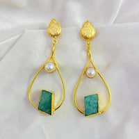 FS Collection Gold Plated Druzy Stone And Pearl Dangler Earrings
