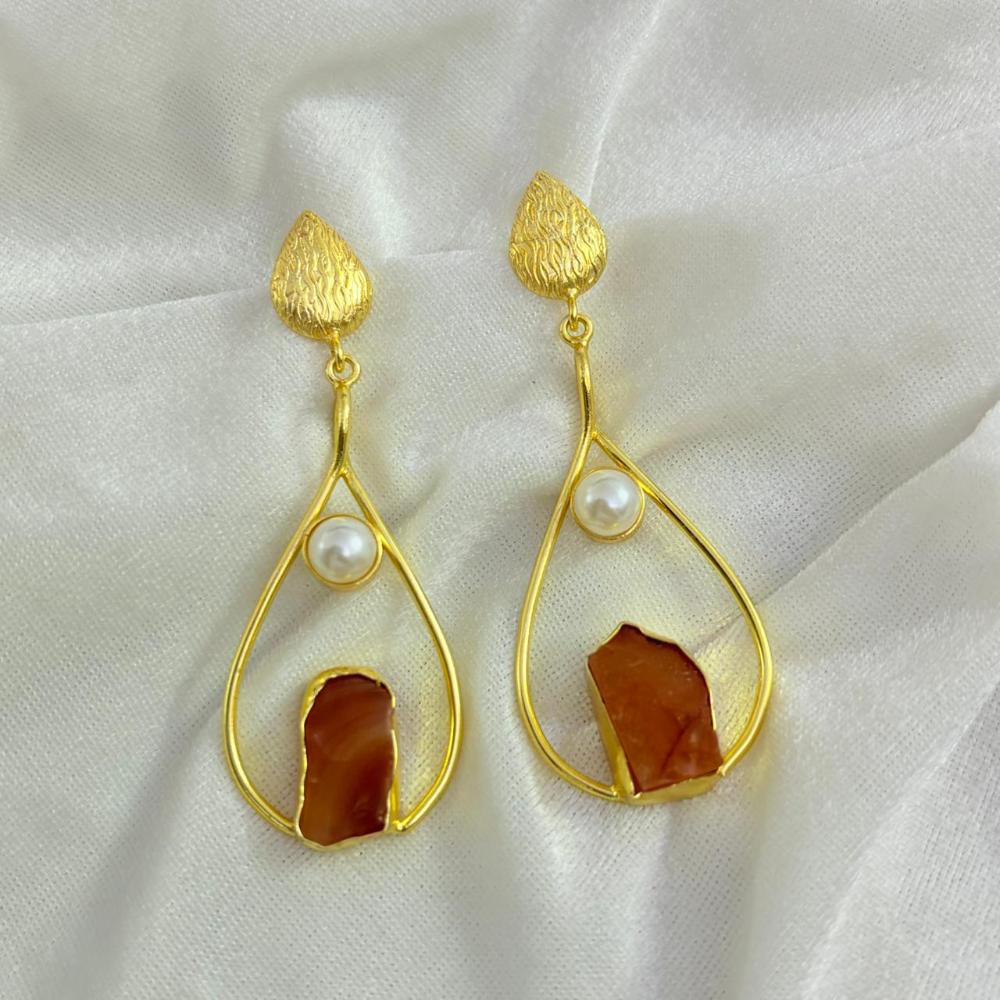 FS Collection Gold Plated Druzy Stone And Pearl Dangler Earrings