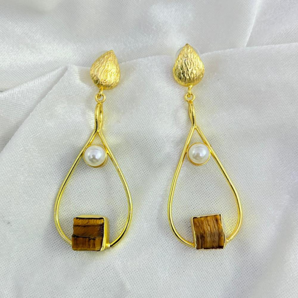 FS Collection Gold Plated Druzy Stone And Pearl Dangler Earrings