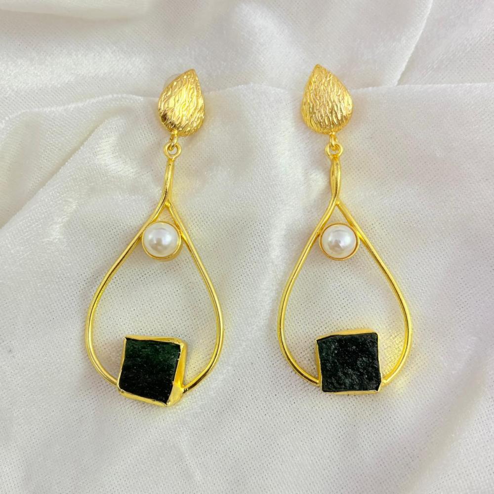 FS Collection Gold Plated Druzy Stone And Pearl Dangler Earrings