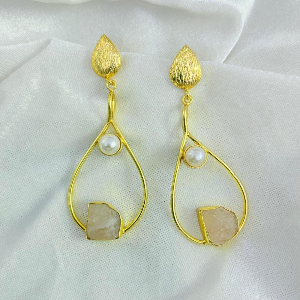 FS Collection Gold Plated Druzy Stone And Pearl Dangler Earrings