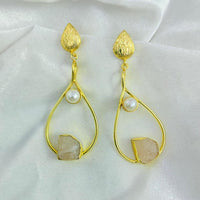 FS Collection Gold Plated Druzy Stone And Pearl Dangler Earrings