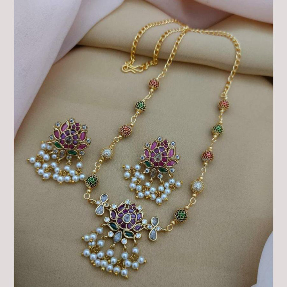 FS Collection Gold Plated Pota Stone And Pearl Long Necklace Set
