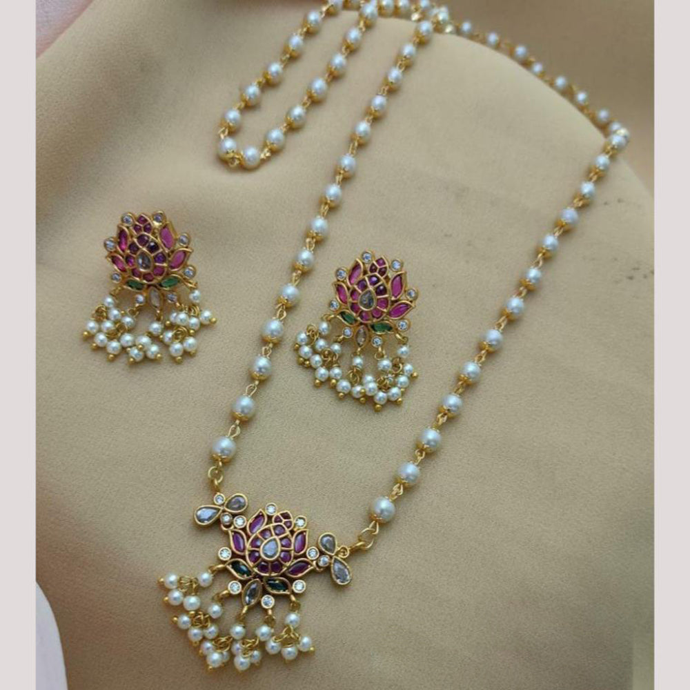 FS Collection Gold Plated Pota Stone And Pearl Long Necklace Set