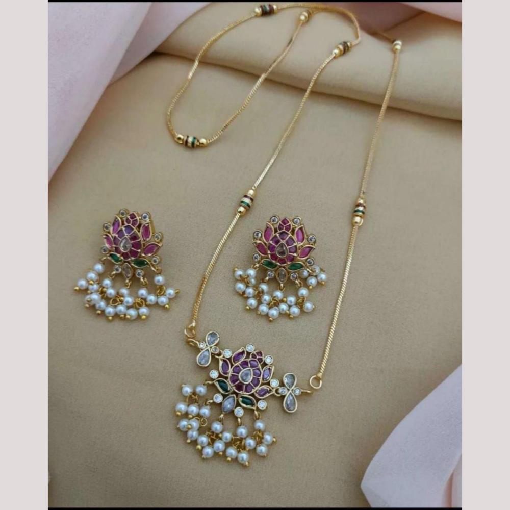 FS Collection Gold Plated Pota Stone And Pearl Long Necklace Set