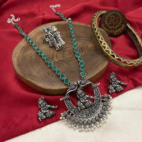 FS Collection Oxidised Plated Pota Stone And Pearls Temple Long Necklace Set