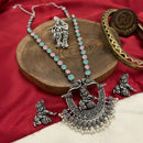 FS Collection Oxidised Plated Pota Stone And Pearls Temple Long Necklace Set