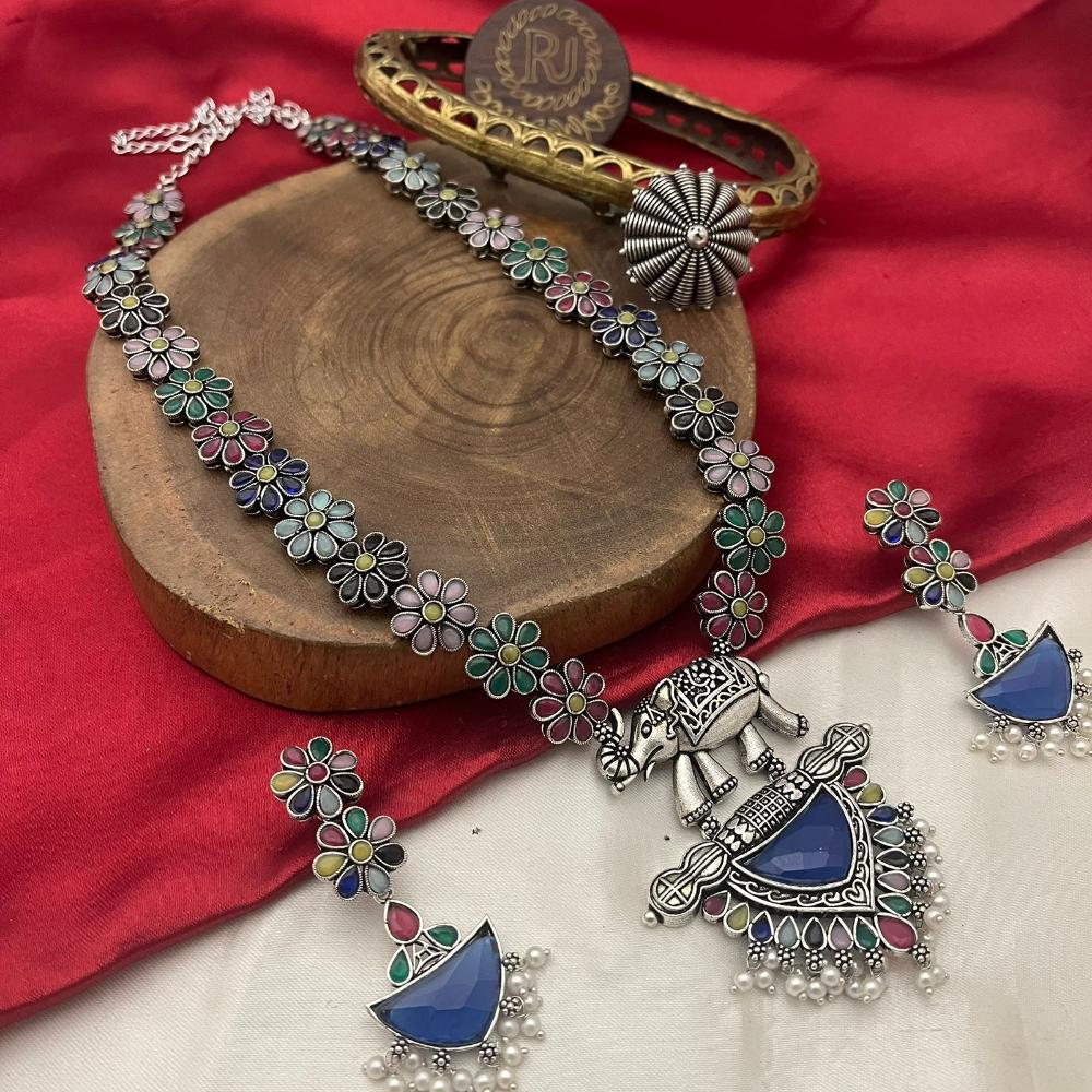 FS Collection Oxidised Plated Pota Stone And Pearl Long Necklace Set