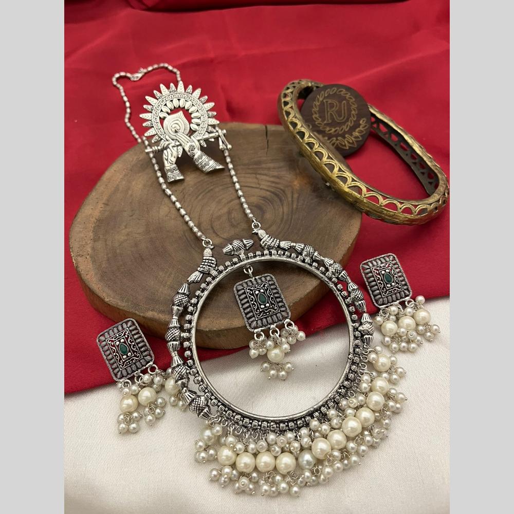 FS Collection Oxidised Plated Pota And Pearl Long Necklace