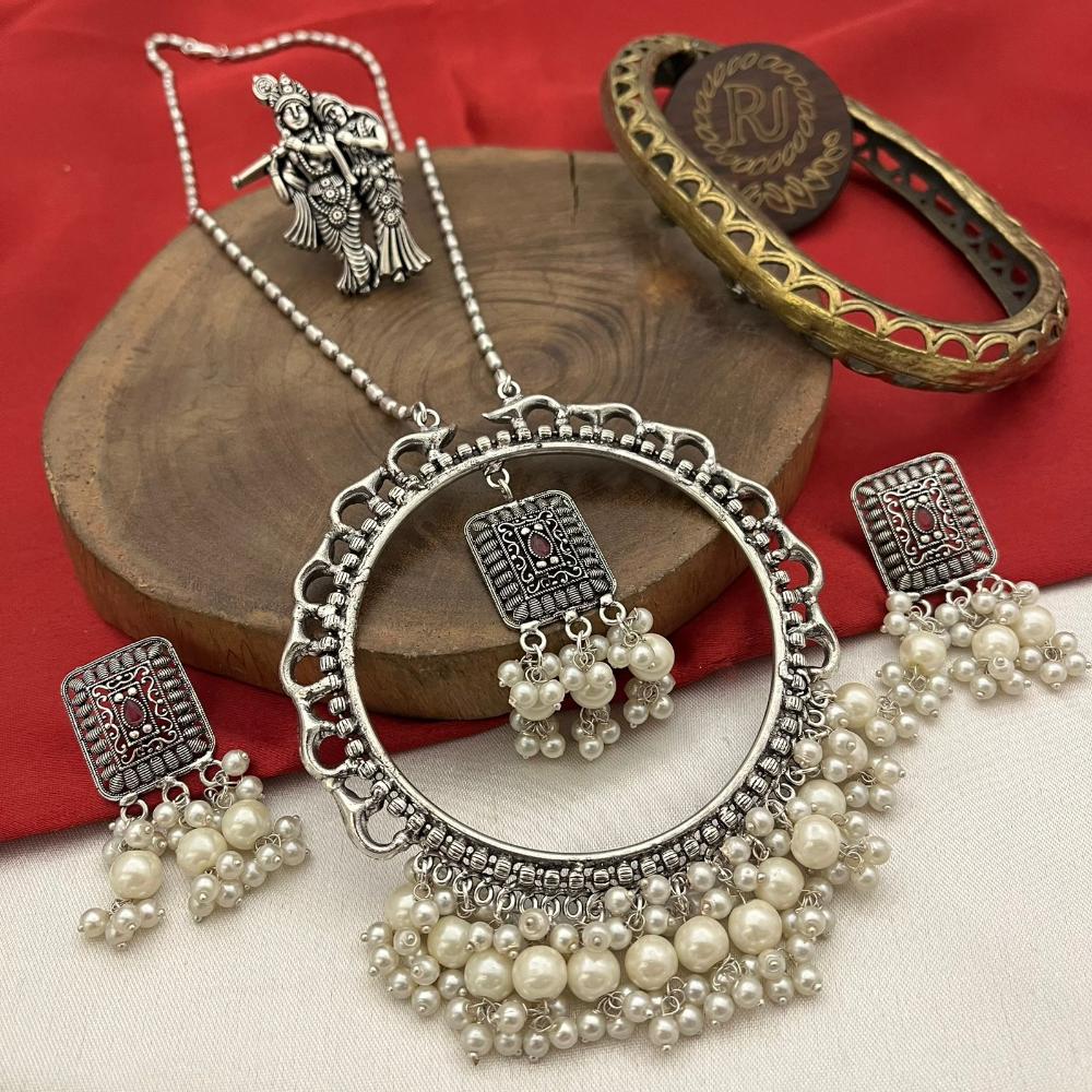 FS Collection Oxidised Plated Pota And Pearl Long Necklace