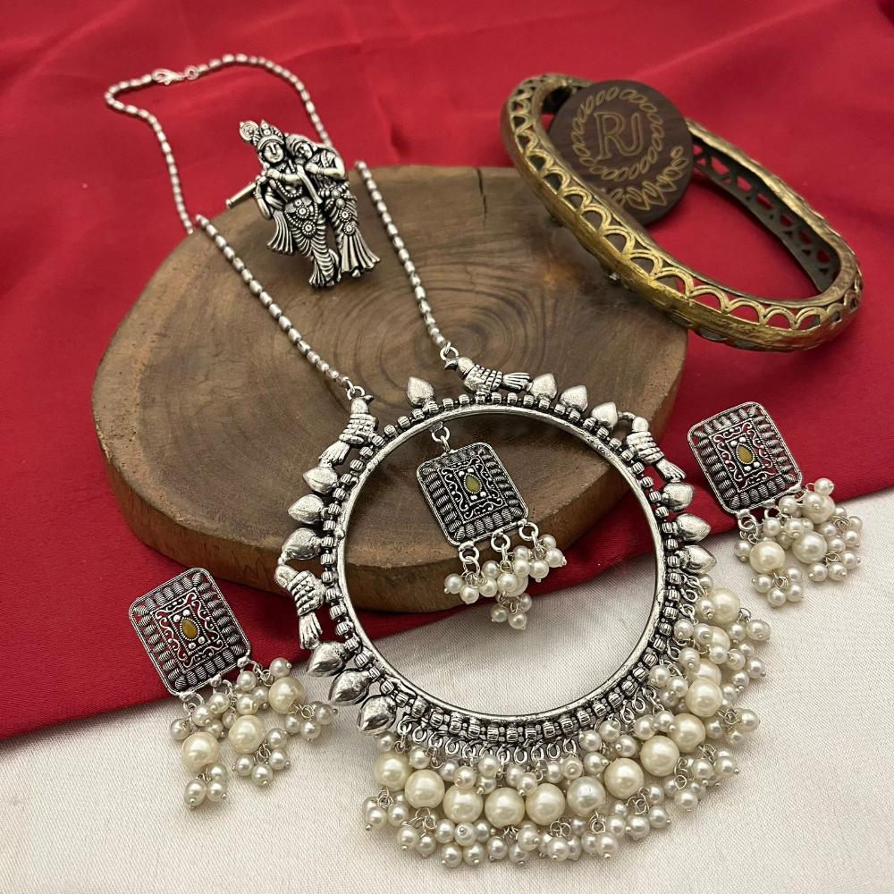 FS Collection Oxidised Plated Pota And Pearl Long Necklace