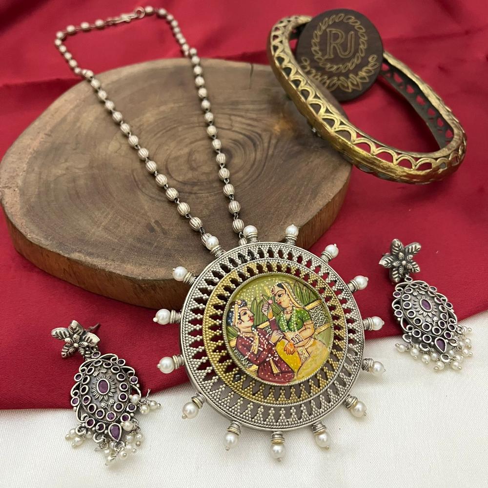 FS Collection Oxidised Plated Long Necklace Set