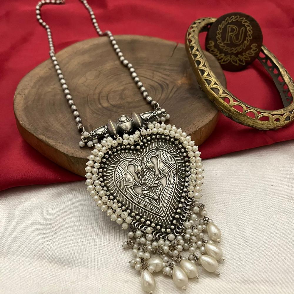 FS Collection Oxidised Plated Pearl Long Necklace Set