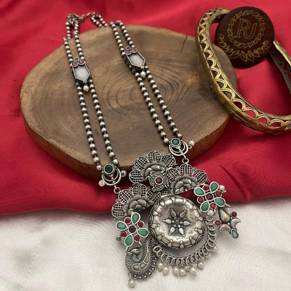 FS Collection Oxidised Plated Pota And Pearl Long Necklace