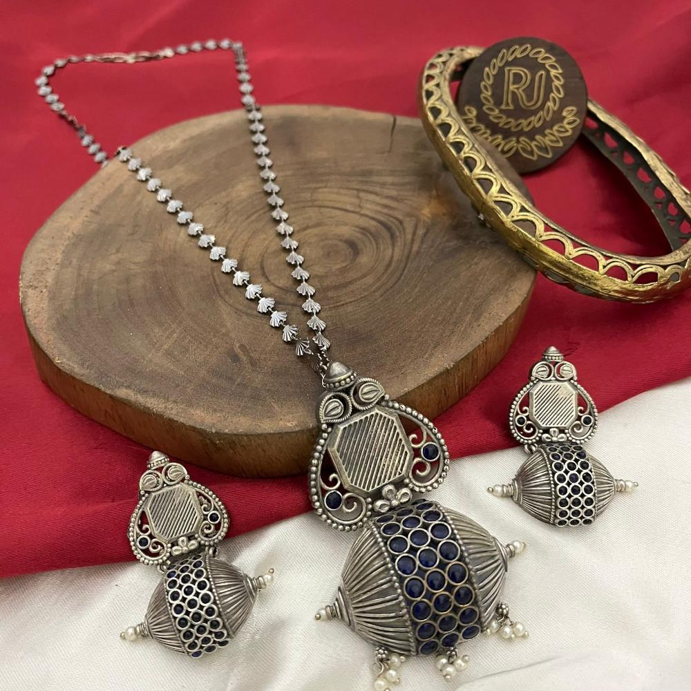 FS Collection Oxidised Plated Pota And Pearl Long Necklace