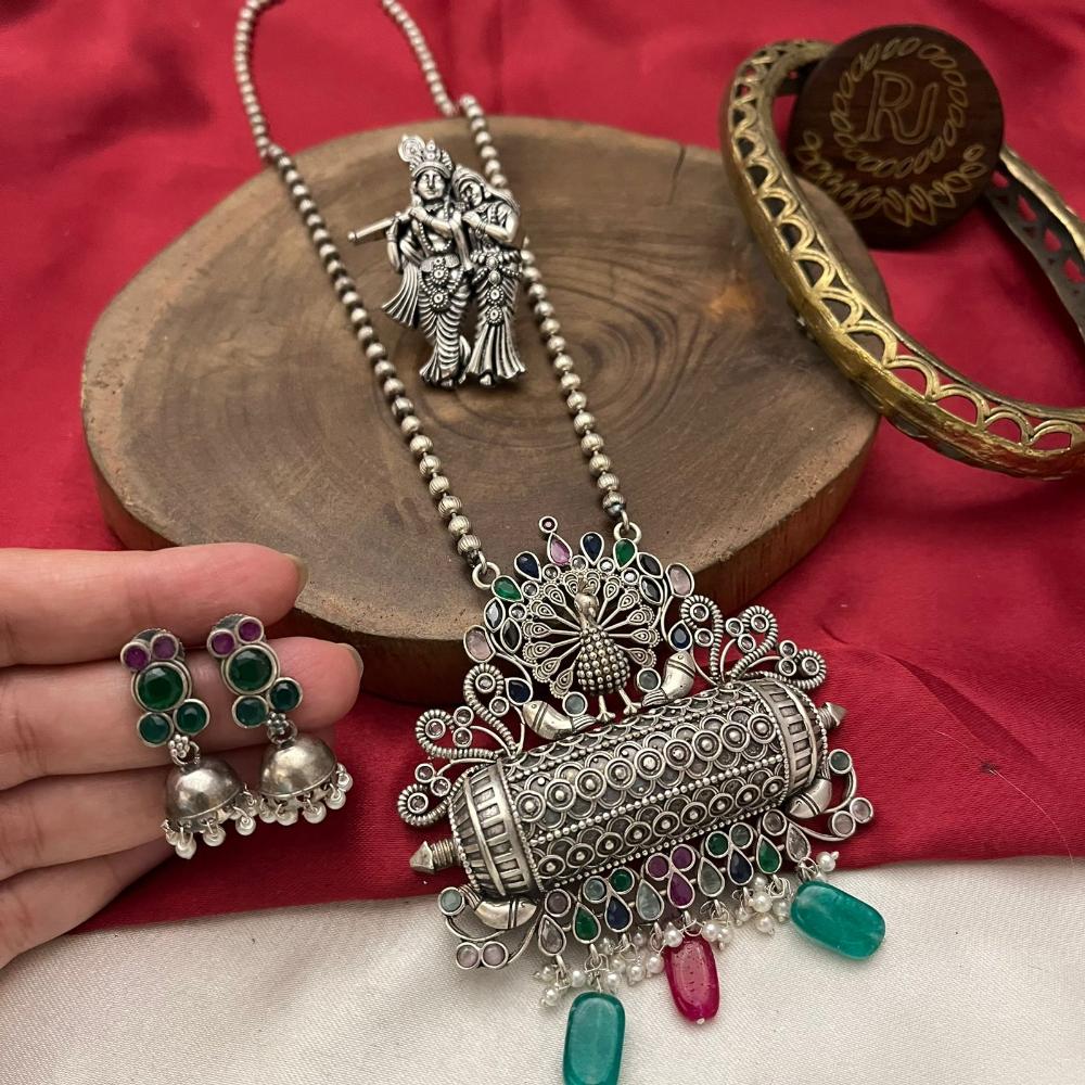 FS Collection Oxidised Plated Pota And Pearl Long Necklace
