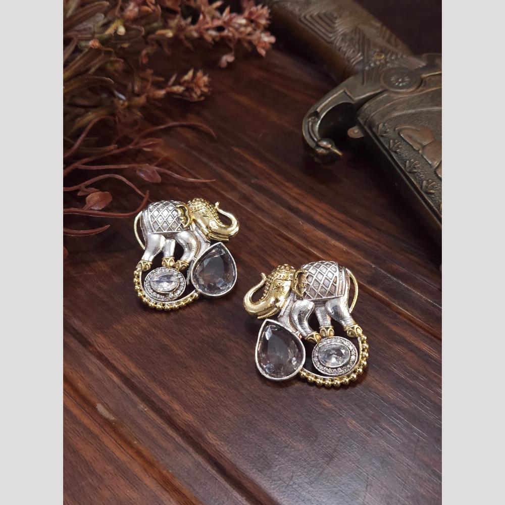 FS Collection Elegant 2 Tone Pota Stone Stud Earrings