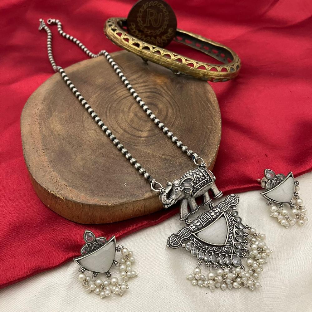 FS Collection Oxidised Finish Pota Stone And Pearls Long Necklace Set