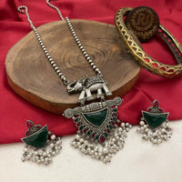 FS Collection Oxidised Finish Pota Stone And Pearls Long Necklace Set 