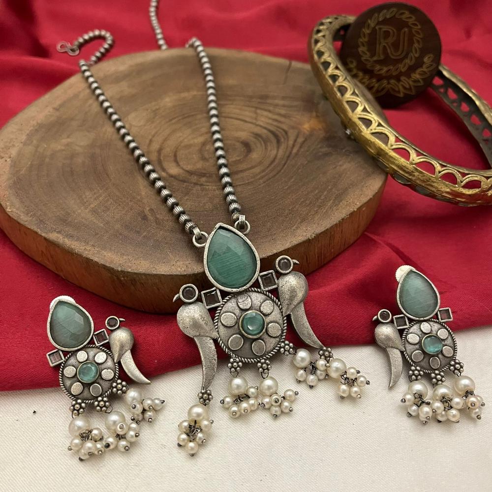 FS Collection Oxidised Finish Pota Stone And Pearls Long Necklace Set