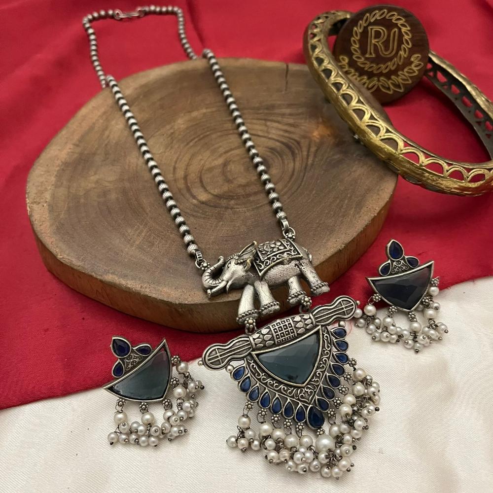 FS Collection Oxidised Finish Pota Stone And Pearls Long Necklace Set