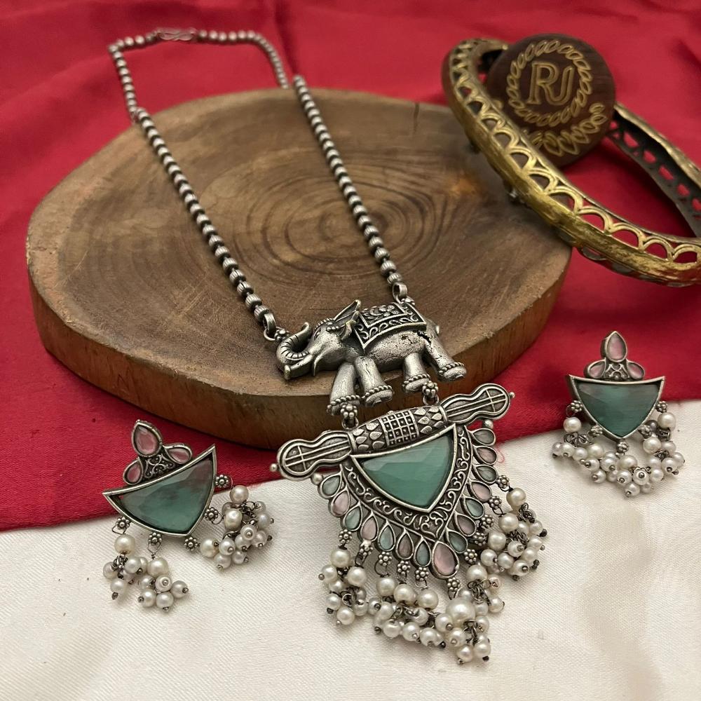 FS Collection Oxidised Finish Pota Stone And Pearls Long Necklace Set