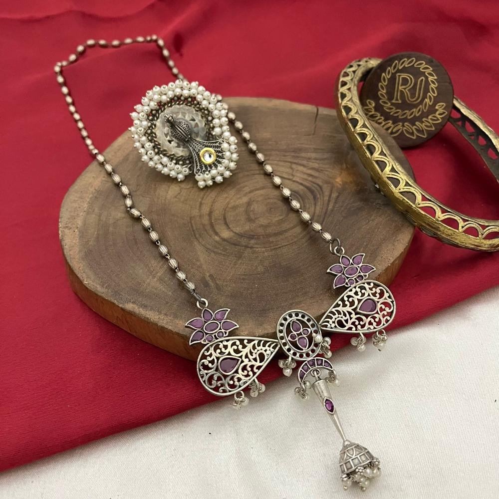 FS Collection Oxidised Finish Pota Stone And Pearls Long Necklace