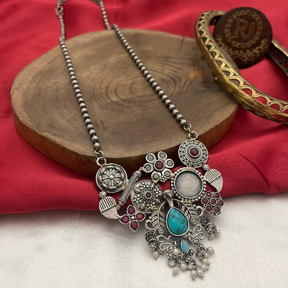 FS Collection Oxidised Finish Pota Stone And Pearls Long Necklace