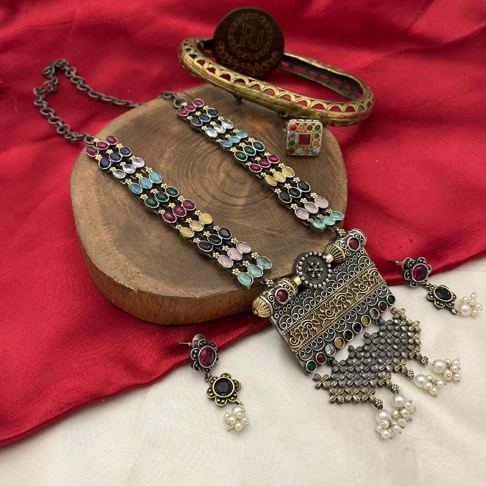 FS Collection 2 Tone Plated Pota Stone And Pearl Long Necklace Set