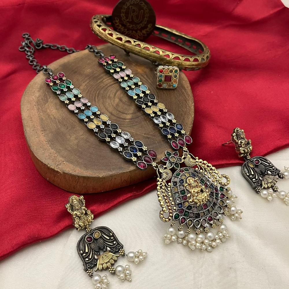 FS Collection 2 Tone Plated Pota Stone And Pearl Temple Long Necklace Set