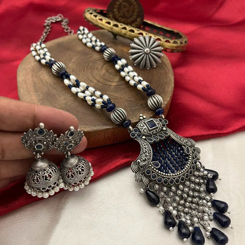 FS Collection Oxidised Finish Pota Stone And Pearls Long Necklace Set