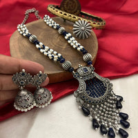 FS Collection Oxidised Finish Pota Stone And Pearls Long Necklace Set 