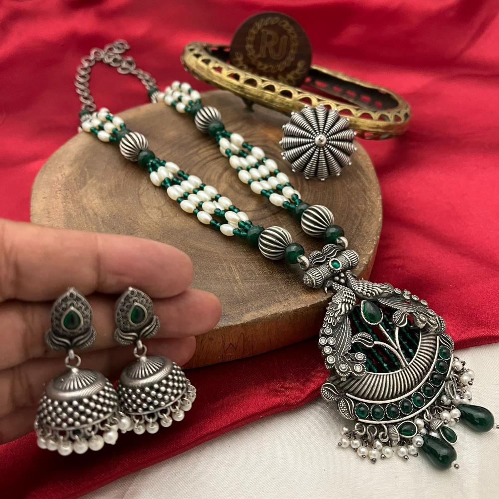 FS Collection Oxidised Finish Pota Stone And Pearls Long Necklace Set