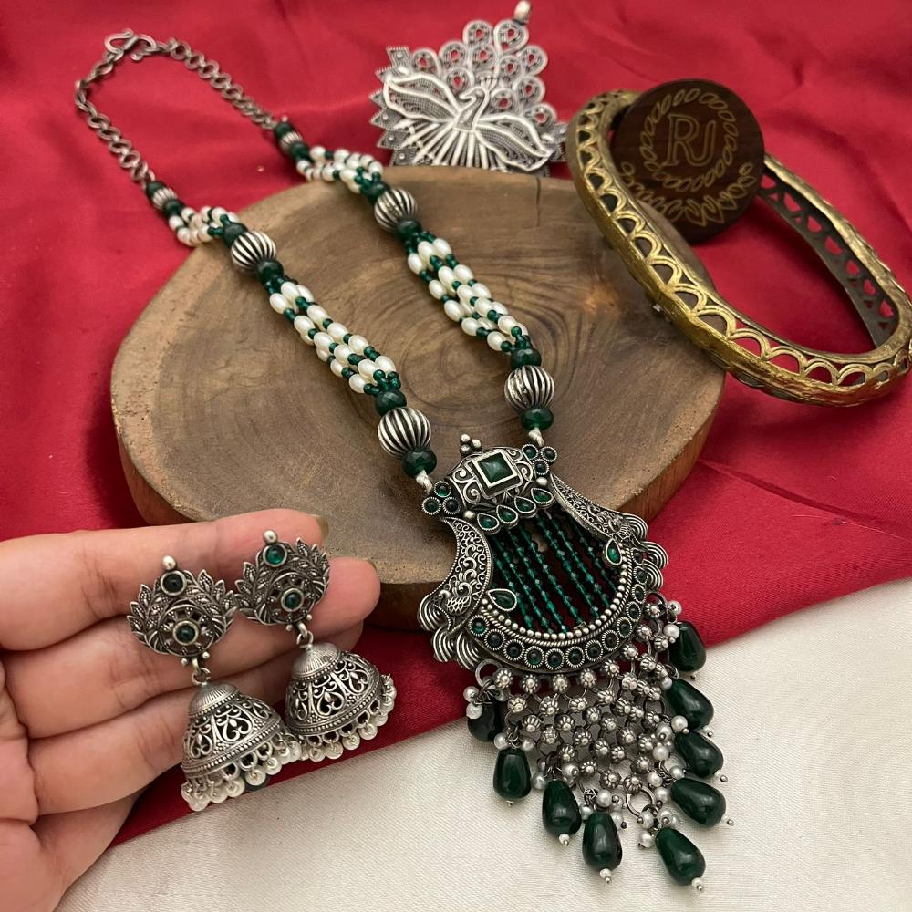 FS Collection Oxidised Finish Pota Stone And Pearls Long Necklace Set