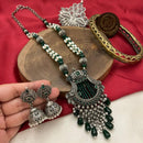FS Collection Oxidised Finish Pota Stone And Pearls Long Necklace Set 